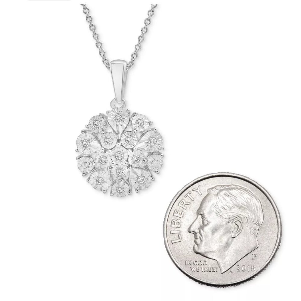 Diamond Flower Burst Cluster 18" Pendant Necklace in Sterling Silver - Picture 14 of 16